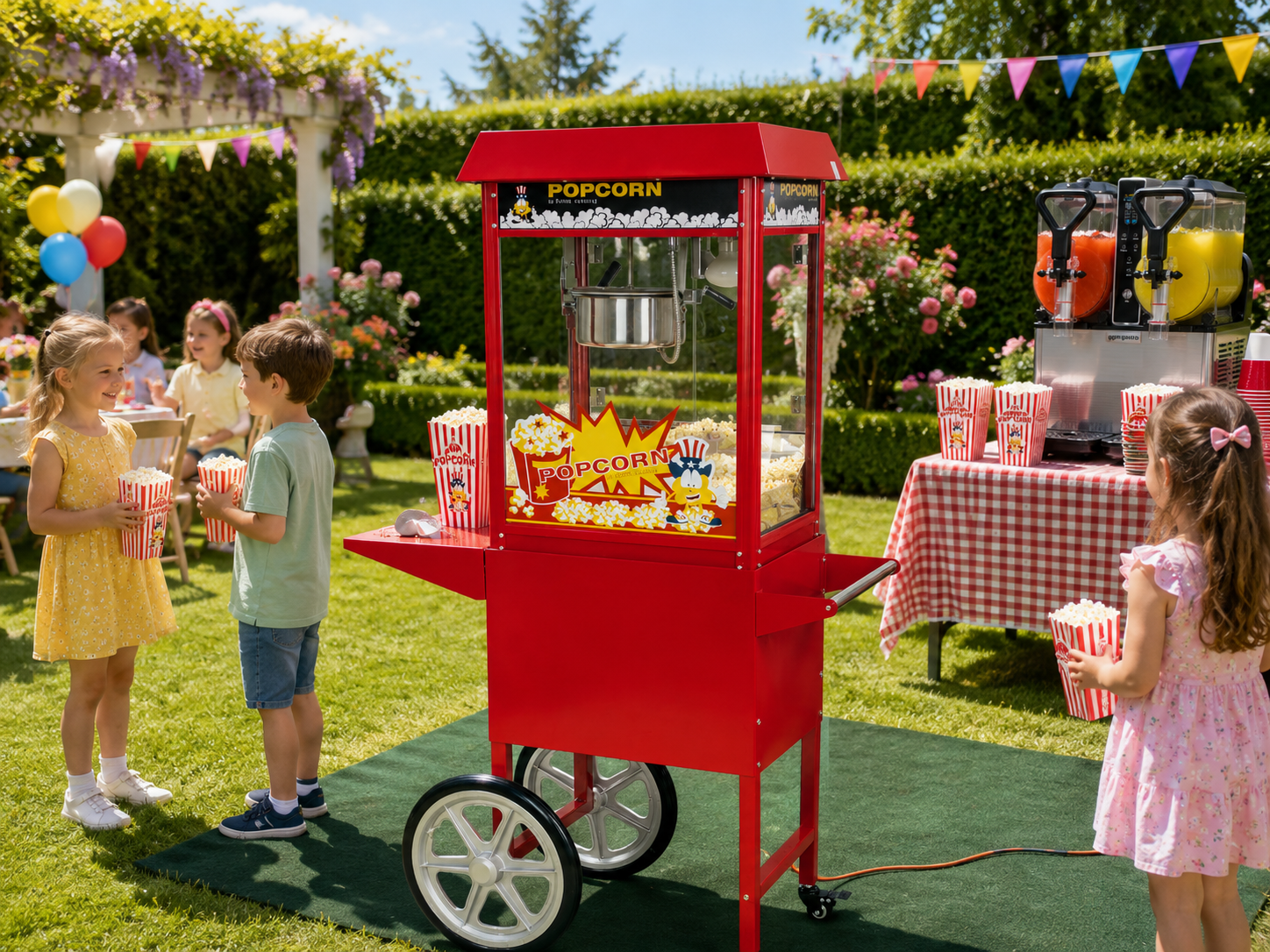 KI-generierte Gartenparty-Szene mit der angebotenen Popcornmaschine